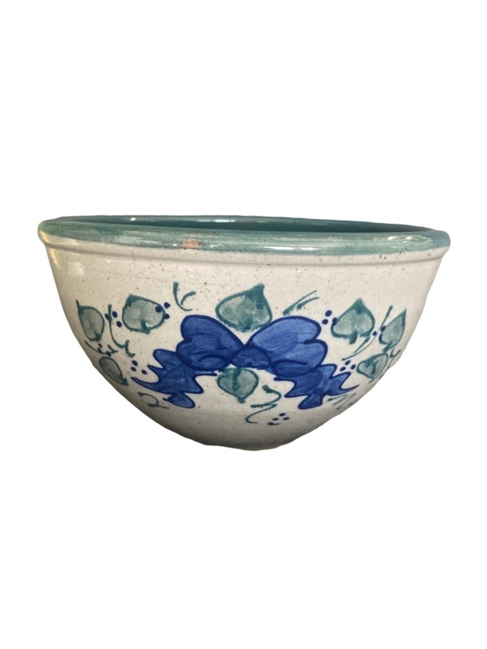 Great Bay Pottery Handcrafted Green Leaves Serving Mixing Bowl 8" D Blue Bow
